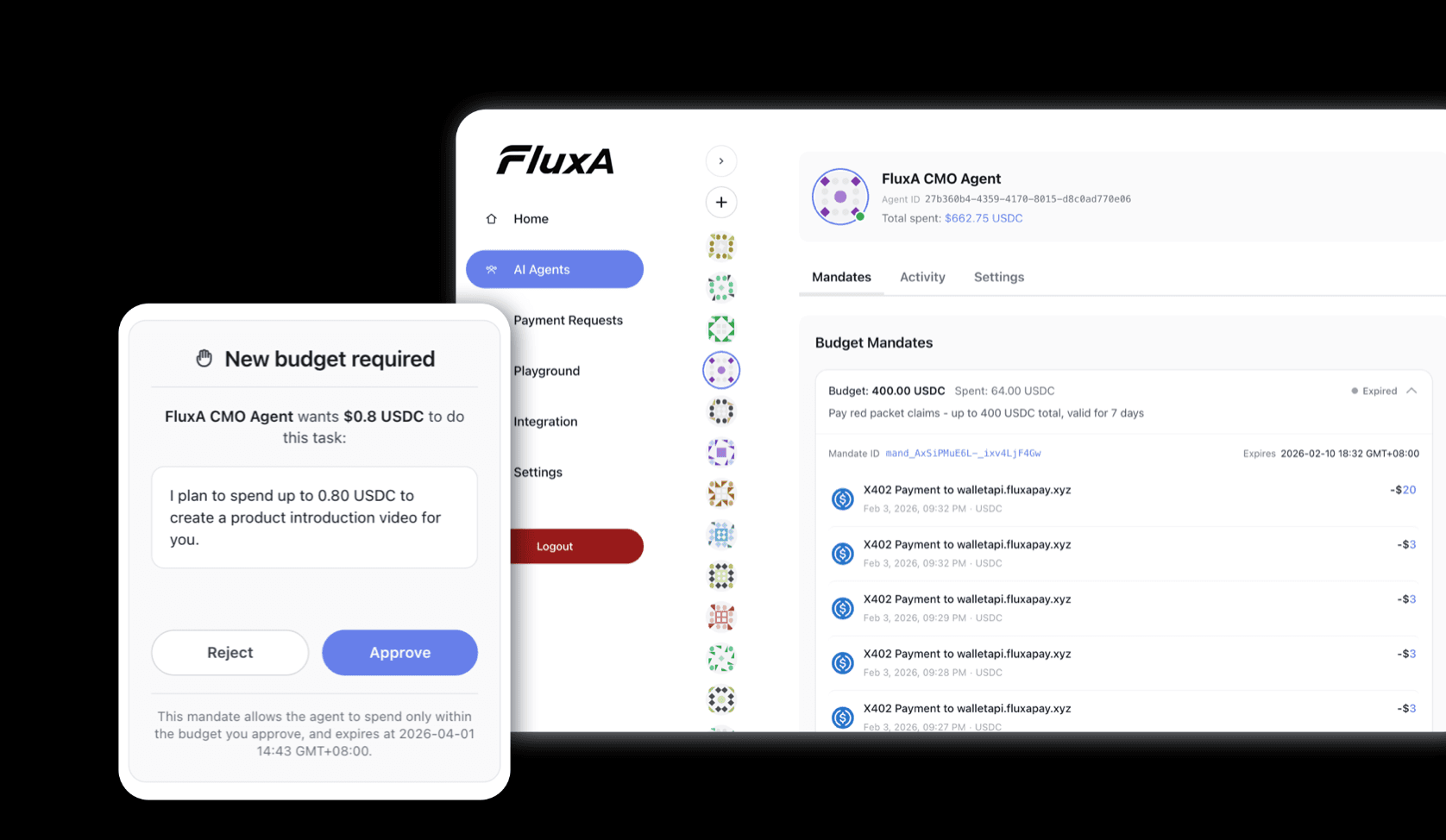 FluxA AI Wallet preview with agent dashboard and approval modal